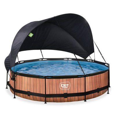 EXIT TOYS Piscine Wood &oslash;360x76cm avec pompe filtrante et voile d'ombrage - marron