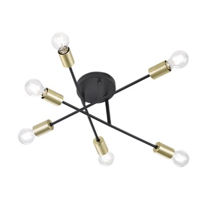 TRIO Plafonnier &agrave; six lampes Cross en noir et dor&eacute;