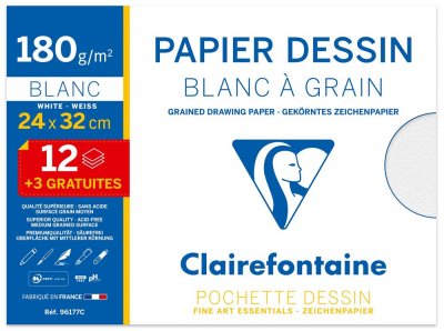 Pochette 15 feuilles de papier dessin Clairefontaine Blanc &agrave; grain
