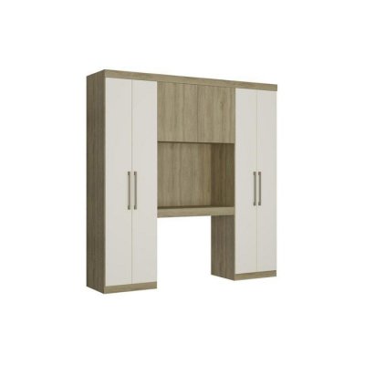 VENTE UNIQUE Pont de lit ANTERO II  - 6 portes - Avec armoires et rangements - L.200 cm - Ch&ecirc;ne et Ivoire