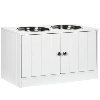 PAWHUT Porte-gamelles sur&eacute;lev&eacute; armoire 2 en 1 - 2 portes, 2 gamelles - blanc