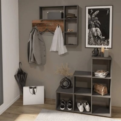 Porte-manteau mural 4 compartiments ouverts anthracite et marron