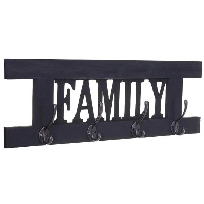 DECOSHOP26 Porte-manteau mural pat&egrave;re en bois gris fonc&eacute; vintage family 20,5x60x1,5 cm - or