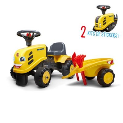 FALK Porteur tracteur Komatsu avec remorque - pelle et rateau - Jaune