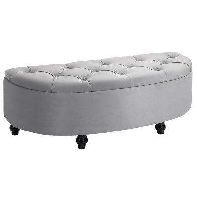 HOMCOM Pouf de rangement coffre classique capitonn&eacute; demi-cercle velours gris