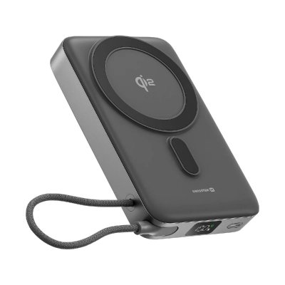 SWISSTEN Powerbank Qi2 10000mAh compatible MagSafe et USB-C 35W avec B&eacute;quille support Gris