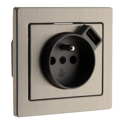 ZENITECH Prise 2 P+T Inox bross&eacute; avec chargeur USB 2,4A - Art'Flat