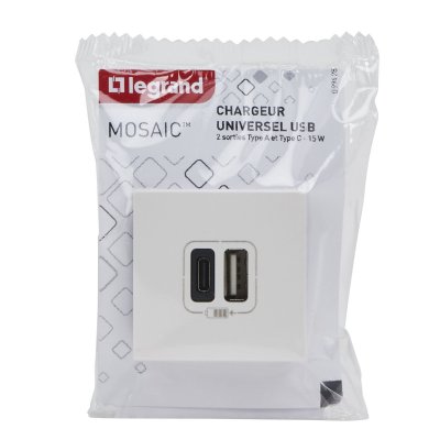 Prise double avec USB C et A, LEGRAND Mosaic, blanc