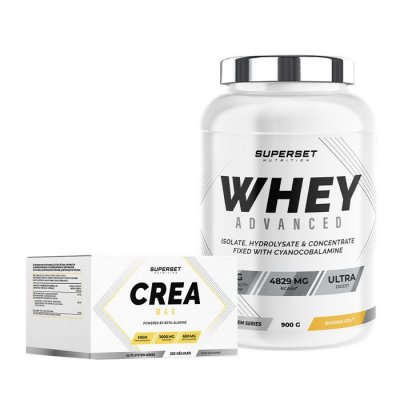 SUPERSET NUTRITION Programme Prise De Muscle Sec Avanc&eacute; - 100% Whey Proteine Advanced 900g Banana Split - Cr&eacute;a Max