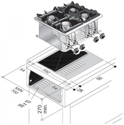  R&eacute;chaud &agrave; Gaz Drop-In - 4 Feux 3,5 kW et 5,5 kW - - nvt. - Acier inoxydable 600x600x270mm