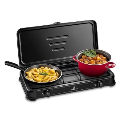 KEMPER R&eacute;chaud gaz portable 2 feux 2600W Noir Couvercle Plaque de cuisson  