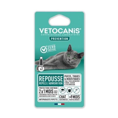 VETOCANIS R&eacute;pulsif Pour Chat Puces, Tiques&Moustiques  - Les 2 Pipettes De 1,2ml