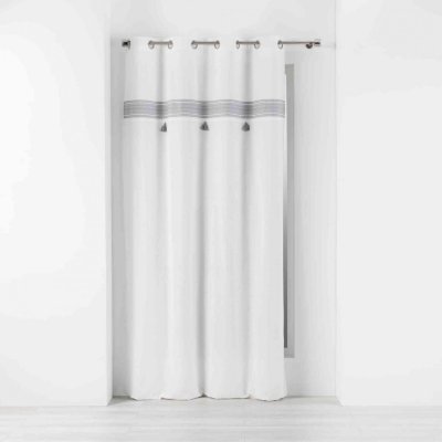 RIDEAU A OEILLETS 140 x 240 CM COTON UNI+TOP BRODE+POMPONS AMAYA GRIS