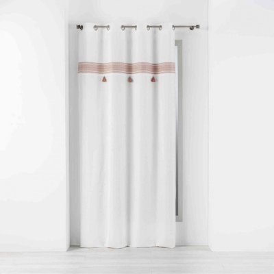 RIDEAU A OEILLETS 140 x 240 CM COTON UNI+TOP BRODE+POMPONS AMAYA ROSE