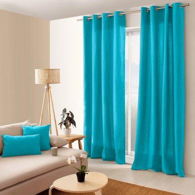 Rideau color&eacute; en pur coton 8 illets - Turquoise - 135 x 240 cm