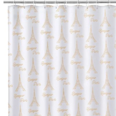 UNIMASA Rideau de douche tissu blanc et dor&eacute; bonjour paris