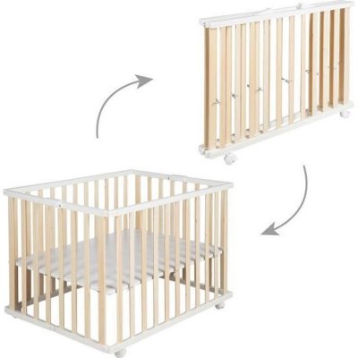 ROBA  Parc B&eacute;b&eacute; Pliant en Bois - Avec 4 Roues - 74x100 cm - Bicolore