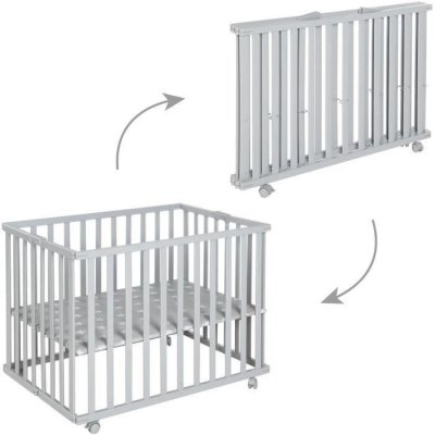 ROBA  Parc B&eacute;b&eacute; Pliant en Bois - Avec 4 Roues - 74x100 cm - Gris Taupe