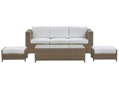 BELIANI Salon bas de jardin en rotin - canap&eacute; avec table basse et 2 ottomans