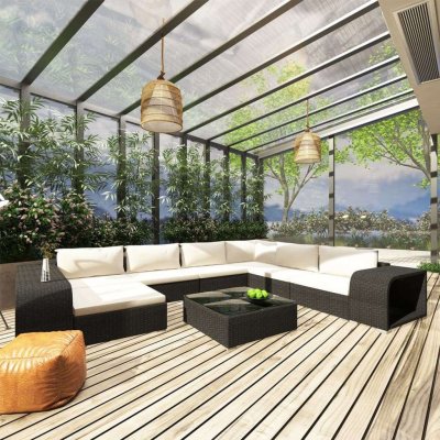 VIDAXL Salon de jardin 10 pcs avec coussins R&eacute;sine tress&eacute;e Noir  Black and white