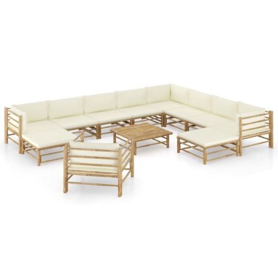 VIDAXL Salon de jardin 12 pcs avec coussins blanc cr&egrave;me Bambou  Cr&egrave;me