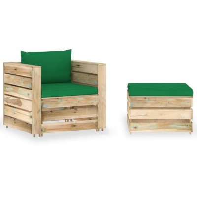  Salon de jardin 2 pcs avec coussins Bois impr&eacute;gn&eacute; de vert