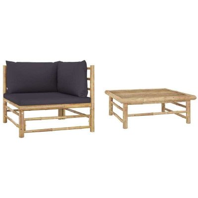 Salon de jardin 2 pi&egrave;ces avec coussins gris fonc&eacute; en bambou