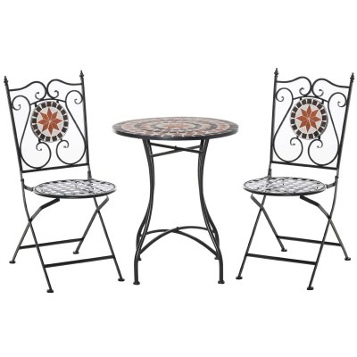 OUTSUNNY Salon de jardin 2 places 3 pi&egrave;ces style fer forg&eacute; mosa&iuml;que c&eacute;ramique
