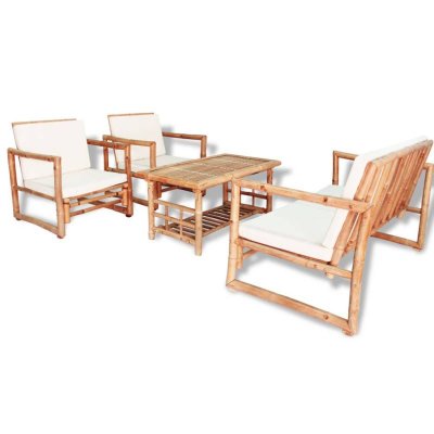 VIDAXL Salon de jardin 4 pcs avec coussins Bambou  Cr&egrave;me