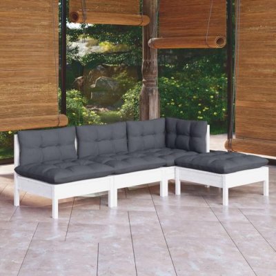 VIDAXL Salon de jardin 4 pcs avec coussins Blanc Bois de pin  Blanc