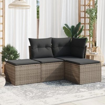  Salon de jardin 4 pcs avec coussins gris resine tressee