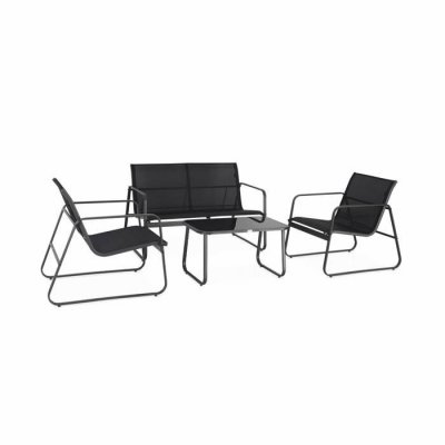 SWEEEK Salon de jardin 4 personnes en m&eacute;tal et textil&egrave;ne gris fonc&eacute; et noir