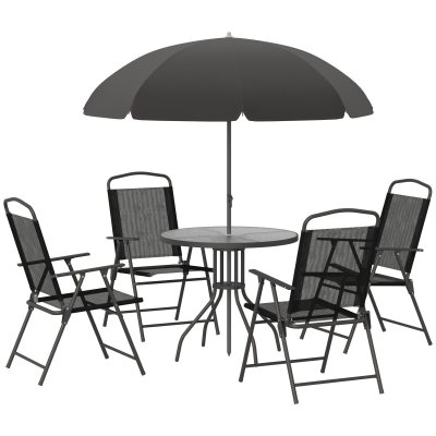 OUTSUNNY Salon de jardin 4 places 6 pi&egrave;ces acier caf&eacute; textil&egrave;ne polyester noir