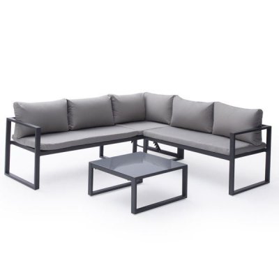 HAPPY GARDEN Salon de jardin 4 places en aluminium anthracite tissu gris