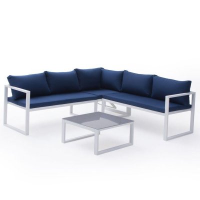 HAPPY GARDEN Salon de jardin 4 places en aluminium blanc et tissu bleu