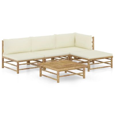 VIDAXL Salon de jardin 5 pcs avec coussins blanc cr&egrave;me Bambou  Cr&egrave;me