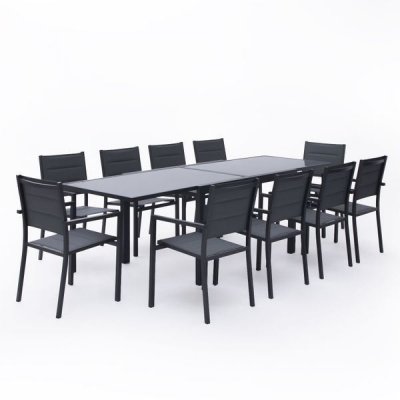 HAPPY GARDEN Salon de jardin 6 &agrave; 10 places aluminium anthracite et gris