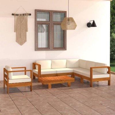 VIDAXL Salon de jardin 7 pcs avec coussins blanc cr&egrave;me bois d'acacia