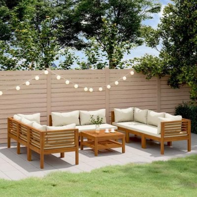 VIDAXL Salon de jardin 9 pcs avec coussin Bois d'acacia solide  Cr&egrave;me
