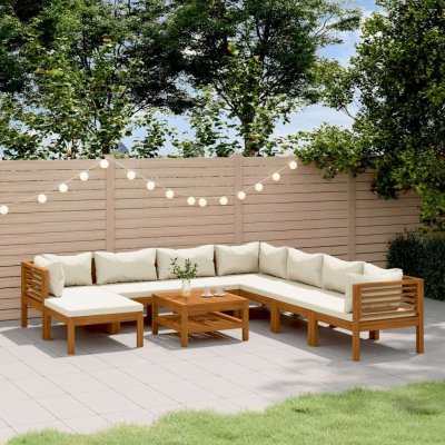 Salon de jardin 9 pcs avec coussin cr&egrave;me Bois d'acacia solide