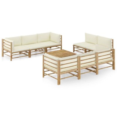 Salon de jardin 9 pcs avec coussins blanc cr&egrave;me Bambou Vidaxl Cr&egrave;me