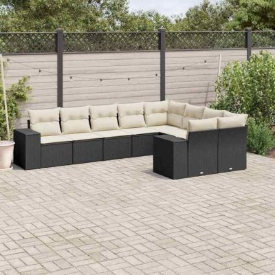 Salon de jardin 9 pcs avec coussins noir resine tressee