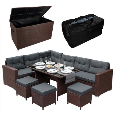 MONSTERSHOP Salon de Jardin 9 personnes & Coffre de Rangement en Rotin - Marron