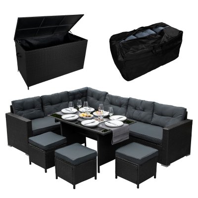 Salon de Jardin 9 personnes & Coffre de Rangement en Rotin - Noir