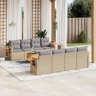 Salon de jardin avec coussins 9 pcs beige r&eacute;sine tress&eacute;e 