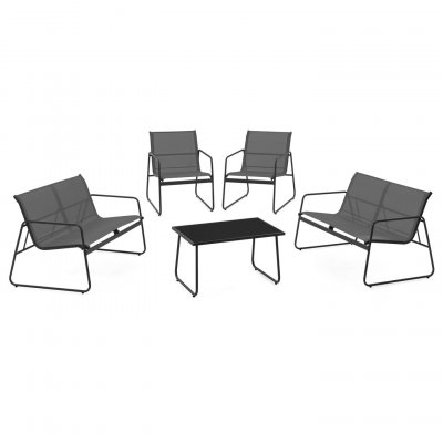Salon de jardin bas MALAGA 6 places avec canap&eacute;s, fauteuils et table gris anthracite