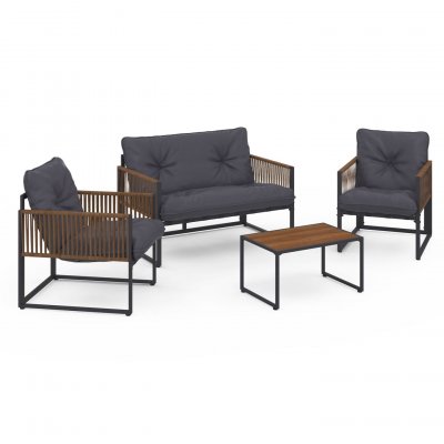 IDMARKET Salon de jardin bas RIO structure en acier et polyrotin 4 places avec coussin gris