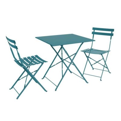 SWEEEK Salon De Jardin Bistrot Pliable - Emilia Carr&eacute; Bleu Canard - Table Carr&eacute;e 70x70 Cm Avec Deux Chaises