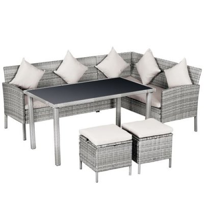 OUTSUNNY Salon de jardin d'angle 6 places avec poufs er table &agrave; manger gris