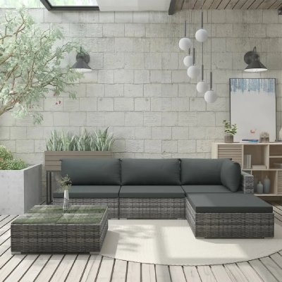VIDAXL Salon de jardin effet tress&eacute; 5 pi&egrave;ces - Gris - 74 x 74 x 26 cm
